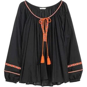 H&M Black Peasant Blouse with Red Embroidered Trim NWOT